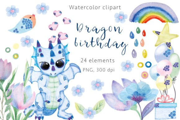 Dragon Birthday Watercolor Clipart, PNG