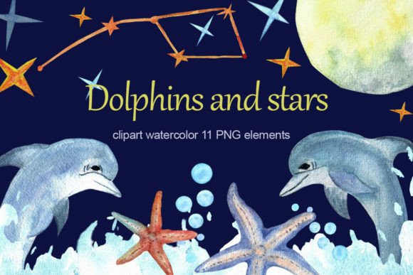 Watercolor Dolphins & Stars Clipart Set