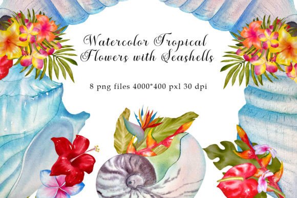 Watercolor Seashell with Tropical Flower: A Digital Design Resource Evaluation